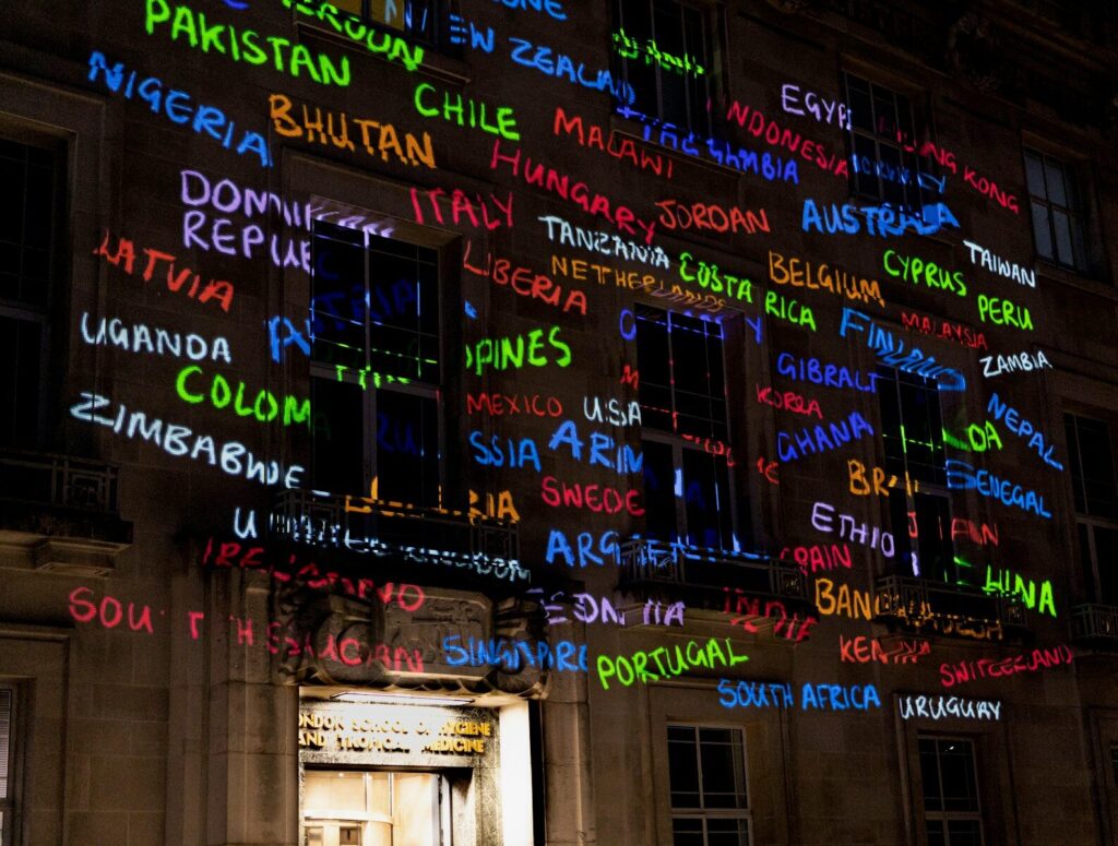 a building that has a lot of words on it